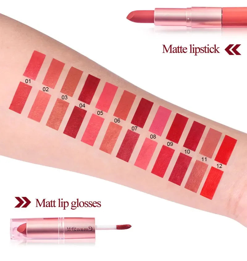 Long Lasting 3-Color Lipstick Lip gloss Set Double Headed Non stick