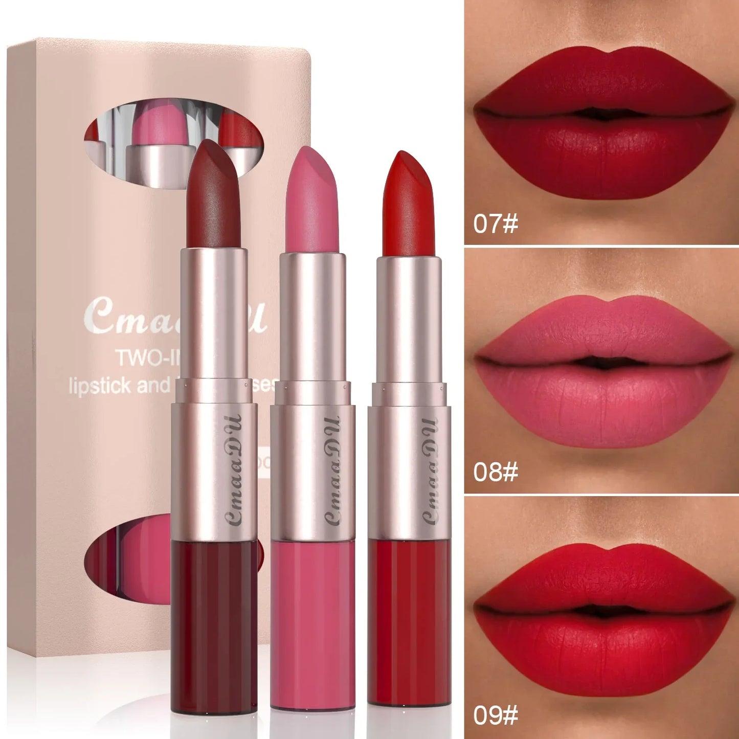 Long Lasting 3-Color Lipstick Lip gloss Set Double Headed Non stick