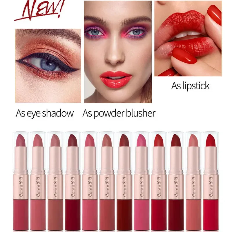Long Lasting 3-Color Lipstick Lip gloss Set Double Headed Non stick
