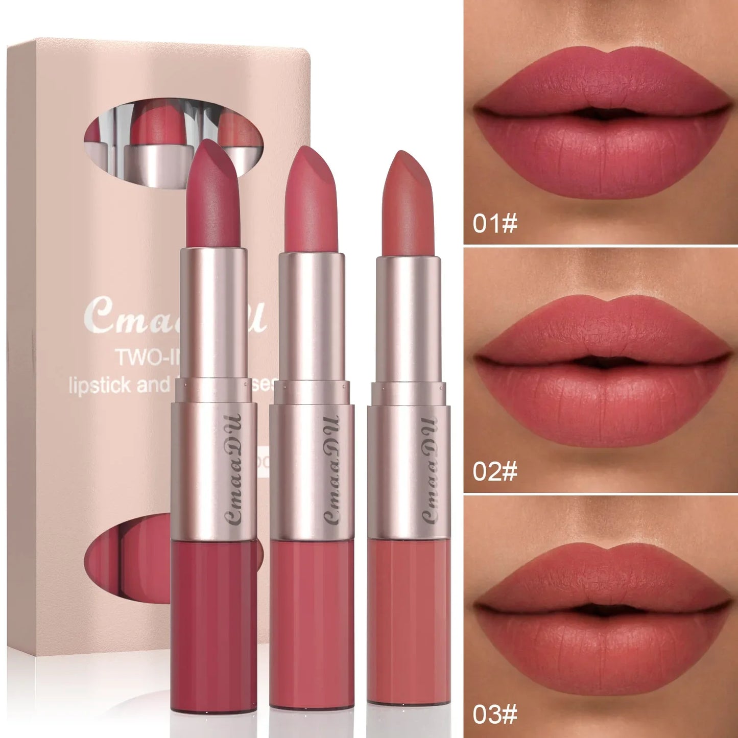 Long Lasting 3-Color Lipstick Lip gloss Set Double Headed Non stick