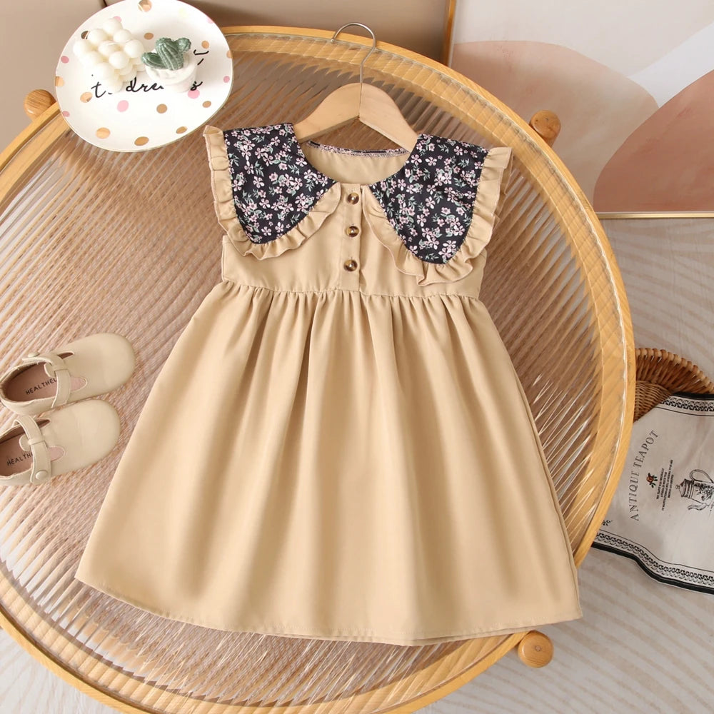 Summer Girl's Dress Floral Print Navy Collar Sleeveless Sweet And Lovely