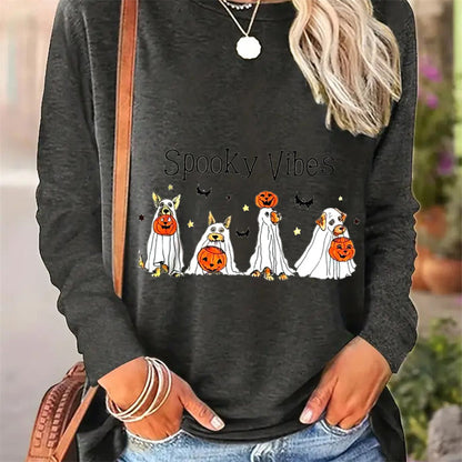 Spring And Autumn Women Casual Simple Pattern Printed Round Neck Long Sleeve T-shirt