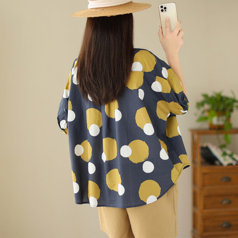 Summer New Literary Flower Printing Loose Polka Dot Short Sleeve Shirt For Women