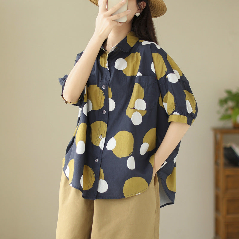 Summer New Literary Flower Printing Loose Polka Dot Short Sleeve Shirt For Women