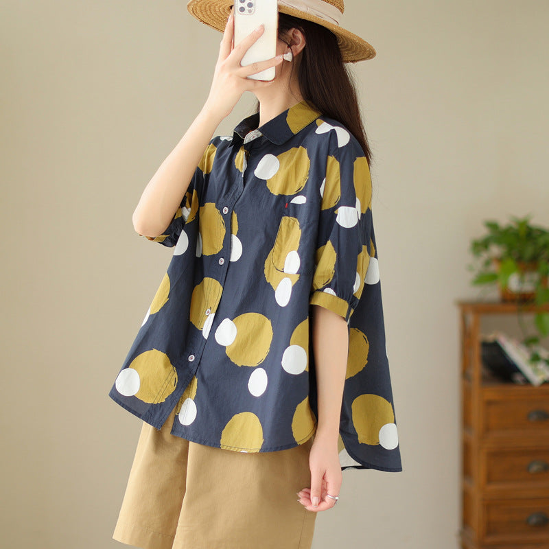 Summer New Literary Flower Printing Loose Polka Dot Short Sleeve Shirt For Women