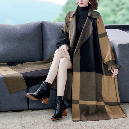 Women's Fashion Artistic Elegant Suit Collar Mid-length Thin Plaid Woolen Trench Coat