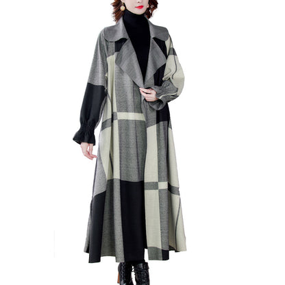 Women's Fashion Artistic Elegant Suit Collar Mid-length Thin Plaid Woolen Trench Coat