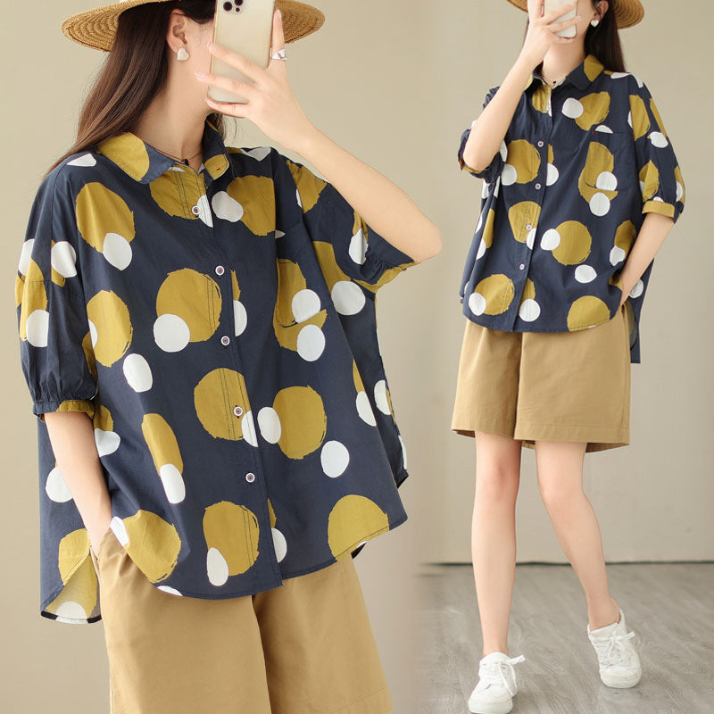 Summer New Literary Flower Printing Loose Polka Dot Short Sleeve Shirt For Women