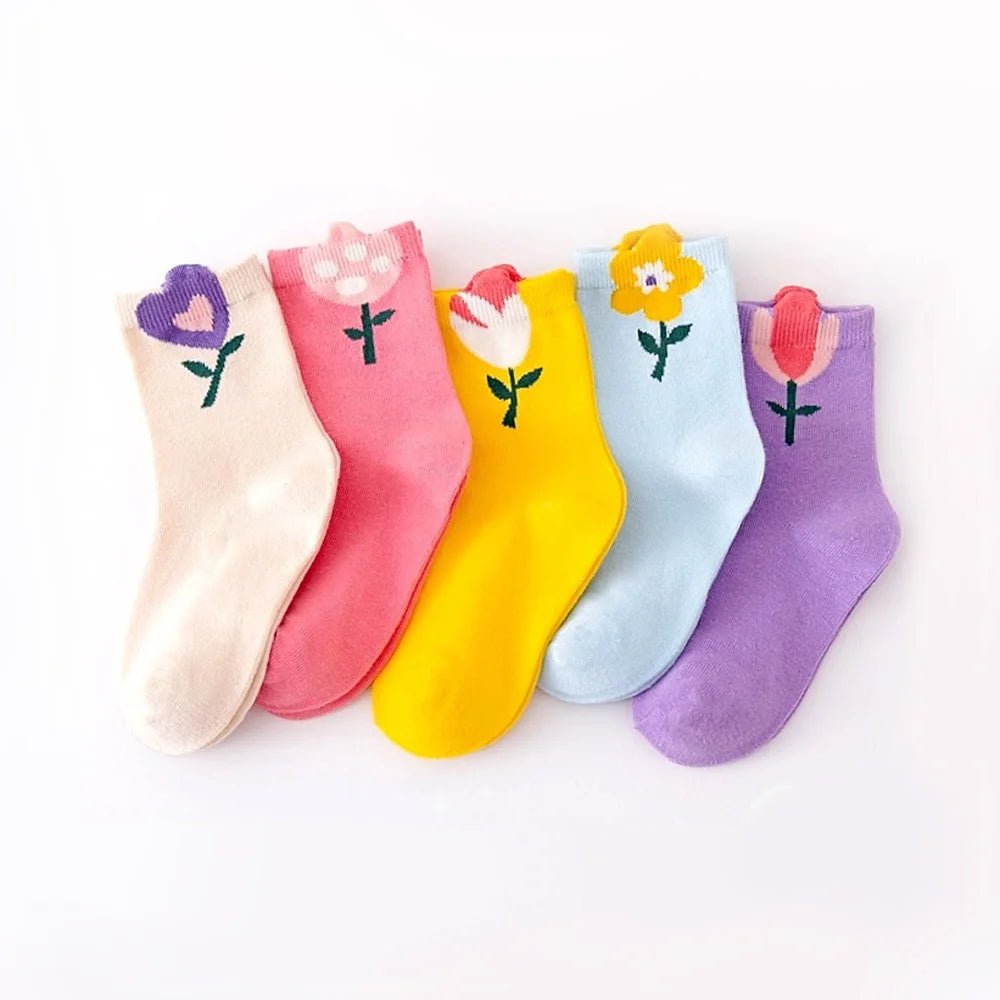 5 Pairs Girls Socks Cute Cartoon Flower Pattern Comfortable Breathable