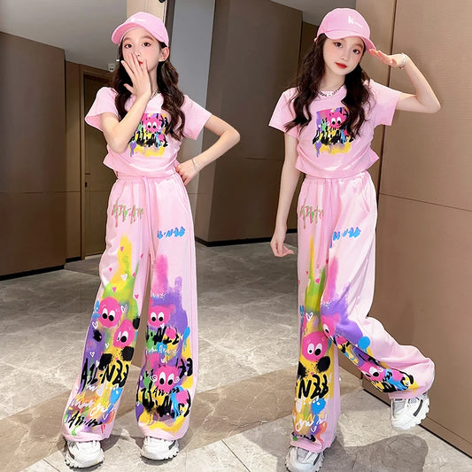 Cute Pink Cartoon T-shirt Pants Suit for Girls