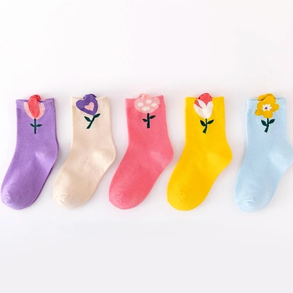 5 Pairs Girls Socks Cute Cartoon Flower Pattern Comfortable Breathable