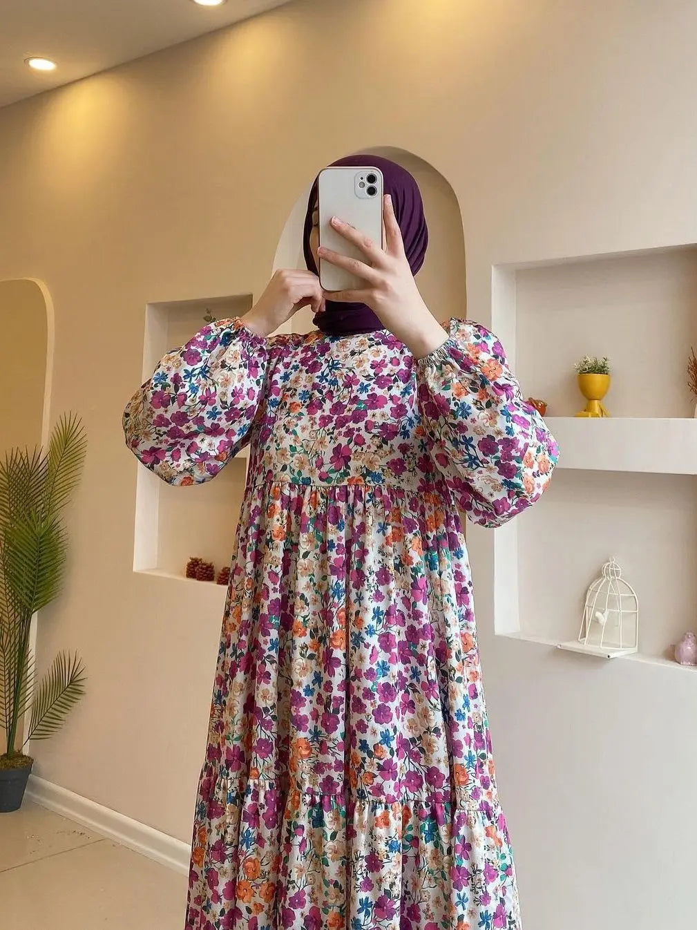 Women's Full Sleeve Printed Floral Muslim Dress