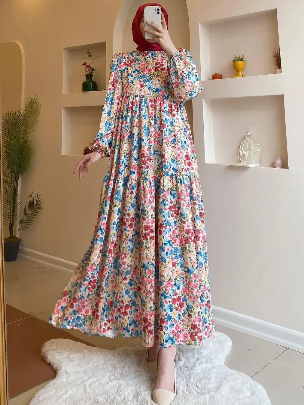 Women's Full Sleeve Printed Floral Muslim Dress