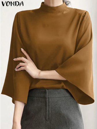 VONDA Elegant Women Blouse Stand Collar 3/4 Flare Sleeve