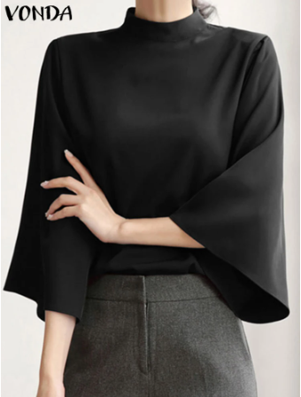 VONDA Elegant Women Blouse Stand Collar 3/4 Flare Sleeve