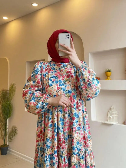 Women's Full Sleeve Printed Floral Muslim Dress