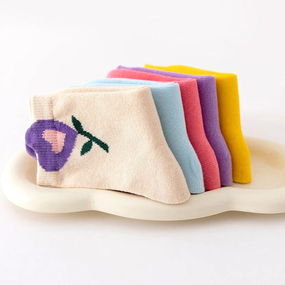 5 Pairs Girls Socks Cute Cartoon Flower Pattern Comfortable Breathable